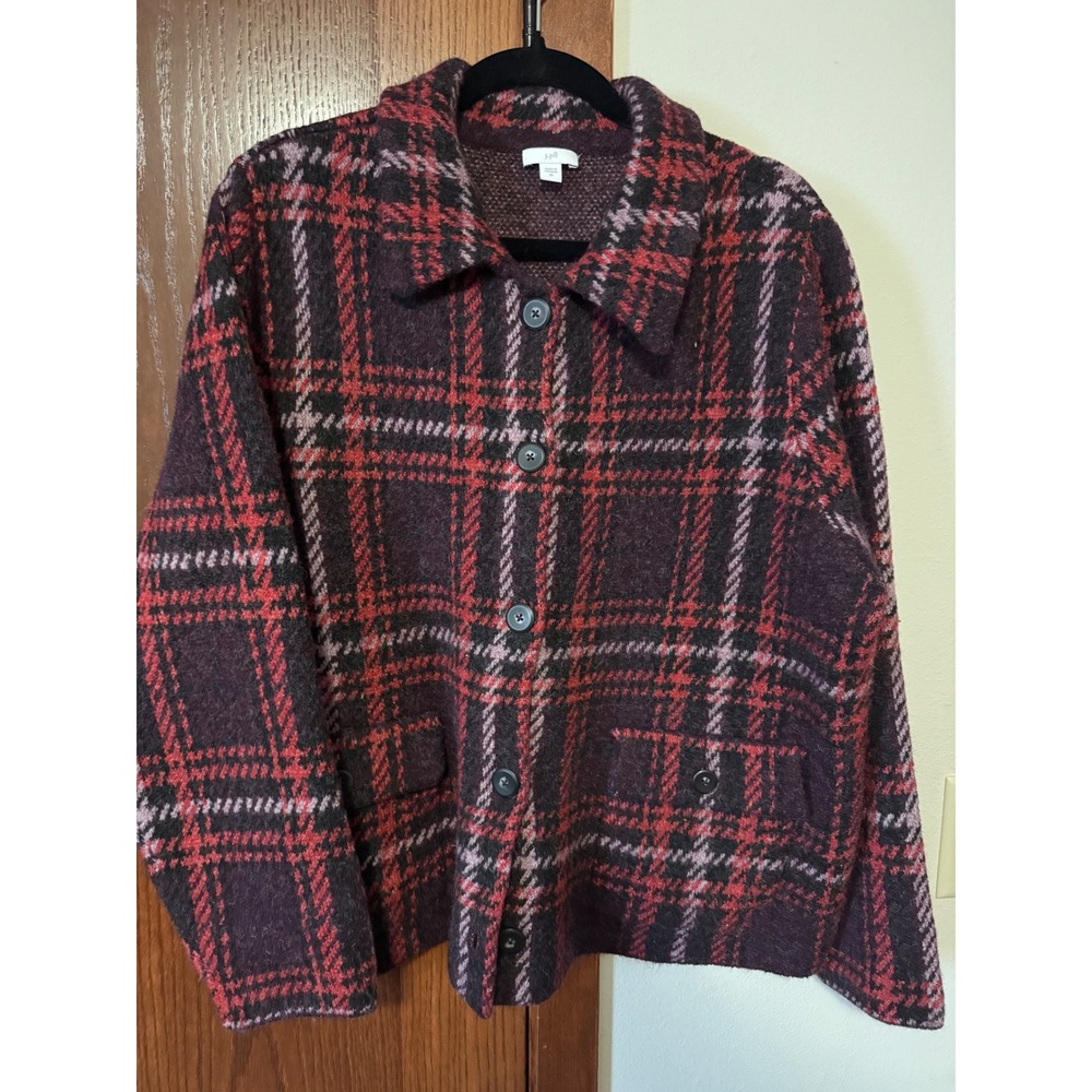 J. Jill Plaid Wool Blend Knit Shacket Burgundy Red Button Front Jacket 2X